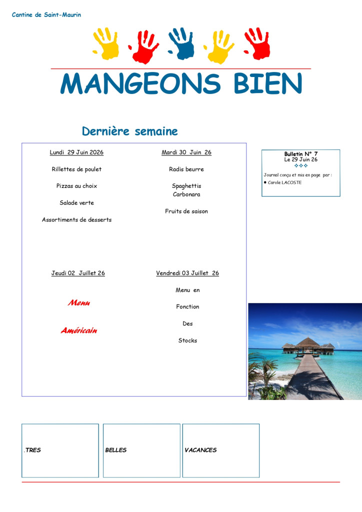 JOURNAL DE LA CANTINE SCOLAIRE DE JUIN ET JUILLET 2026