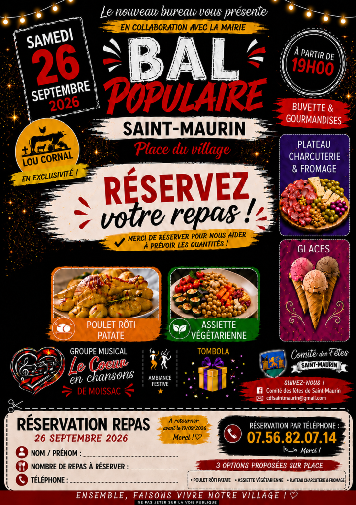 RESERVATION DE VOS REPAS DU 26 SEPTEMBRE 2026